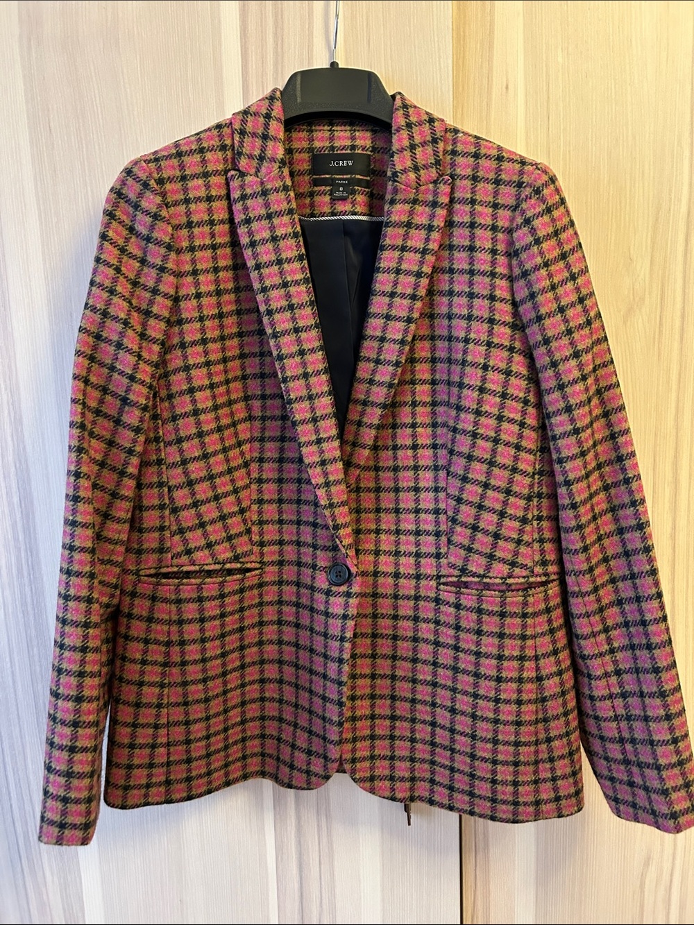 J. Crew Parke English 100% Wool Blazer Pink Mustard Houndstooth Size 8 Like New